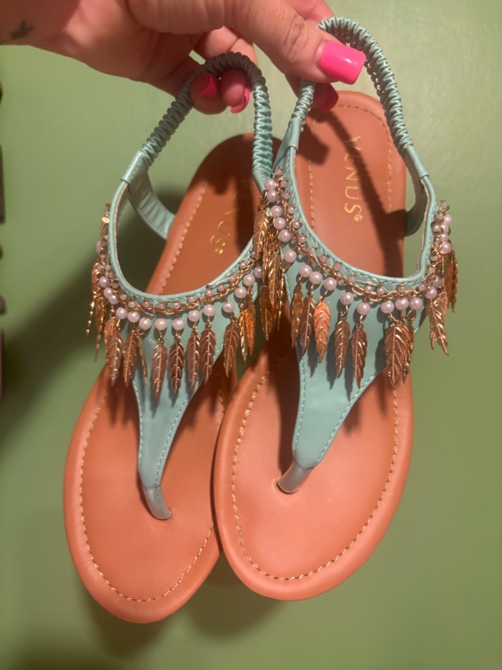 VENUS Teal Green Beaded Feather Fringe Slingback Sandals- Size 8